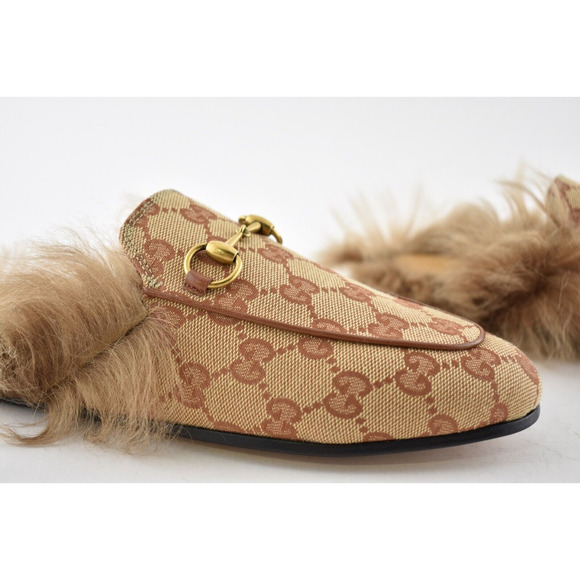Gucci Princetown Beige Canvas Original GG Fur Loafer Slide Mule Slipper Flat 35 - Picture 6 of 12